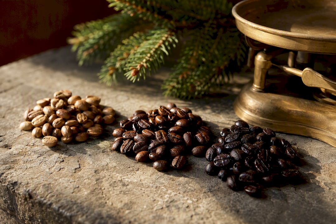 Light, medium, and dark roast coffee beans