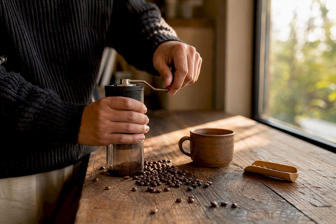 Hands grinding fresh whole coffee beans at home