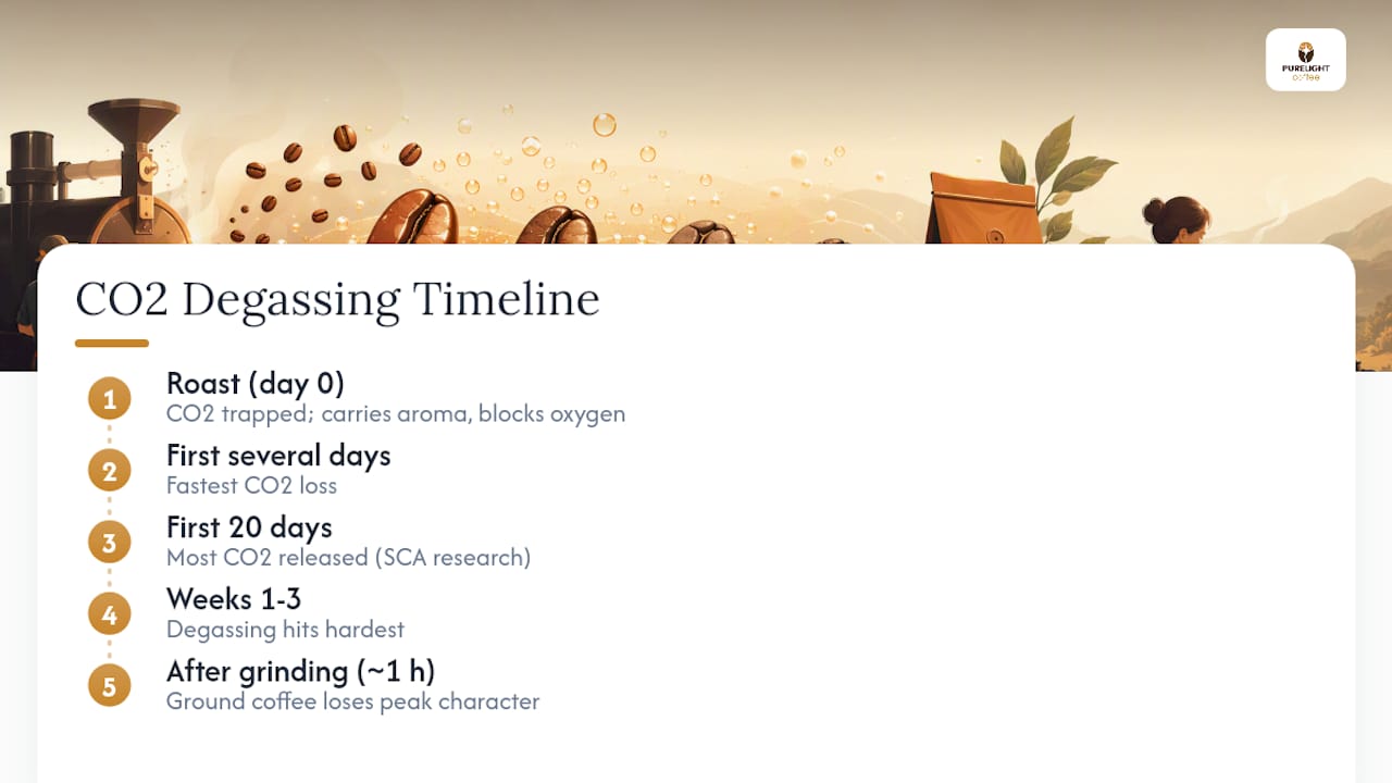Timeline diagram of coffee degassing and freshness loss