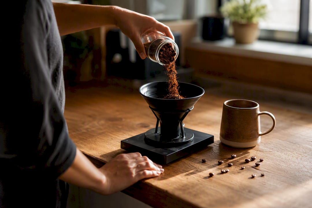 Hand measuring coffee grounds on kitchen scale