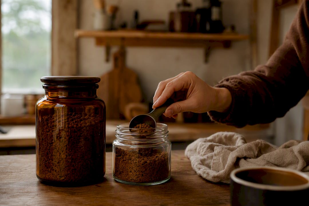Daily-use coffee container being scooped from next to large sealed jar