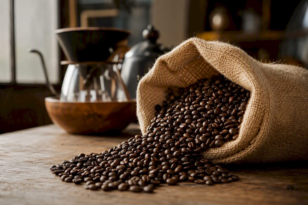 Fresh small-batch roasted coffee beans spilling