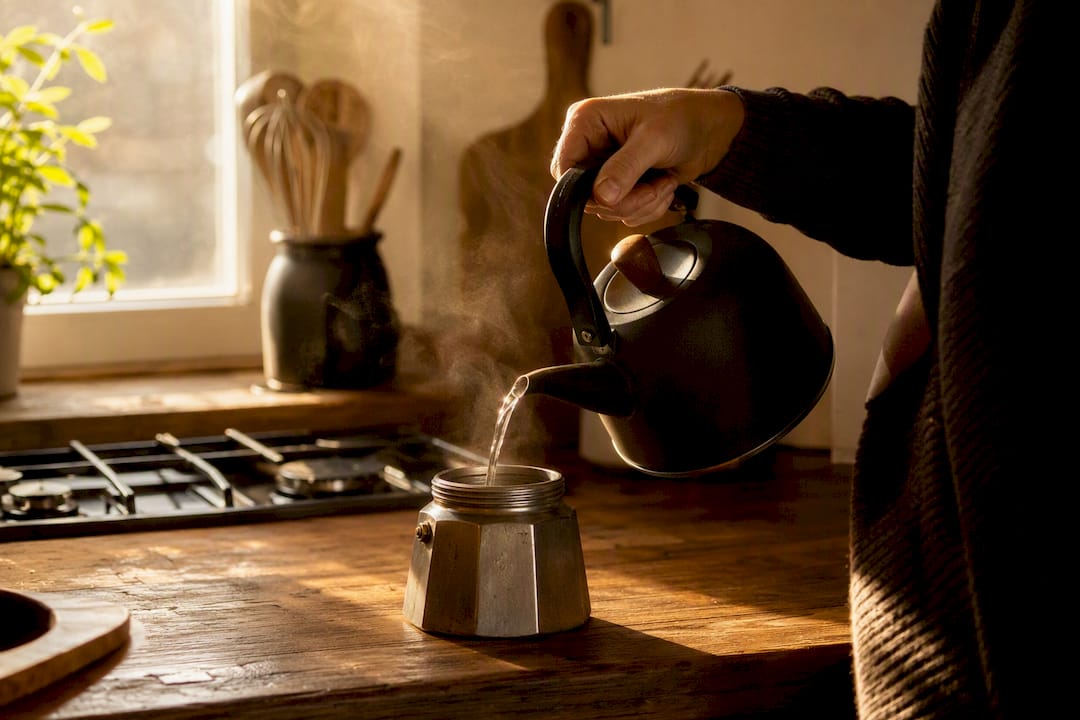 Hot water poured into moka pot chamber
