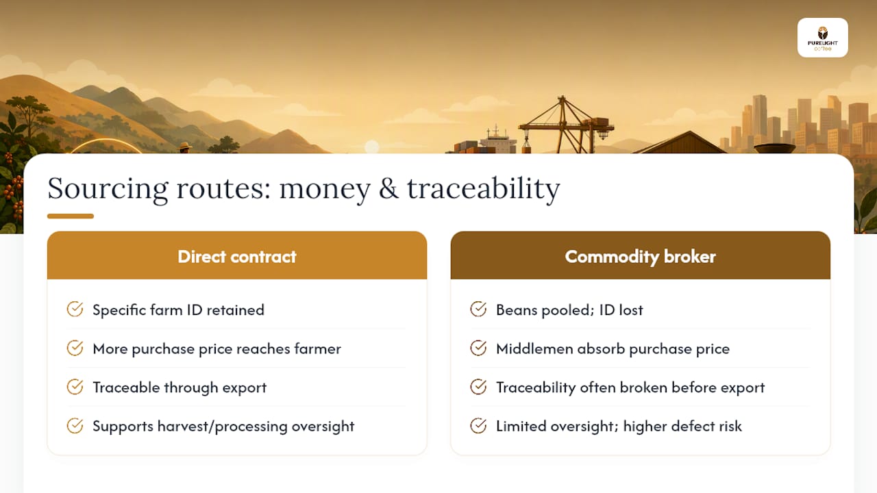 Flow chart comparing direct sourcing and commodity broker paths