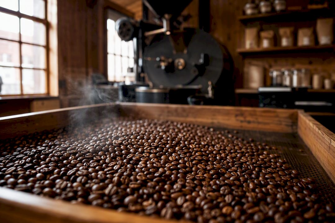 Freshly roasted coffee beans cooling on tray