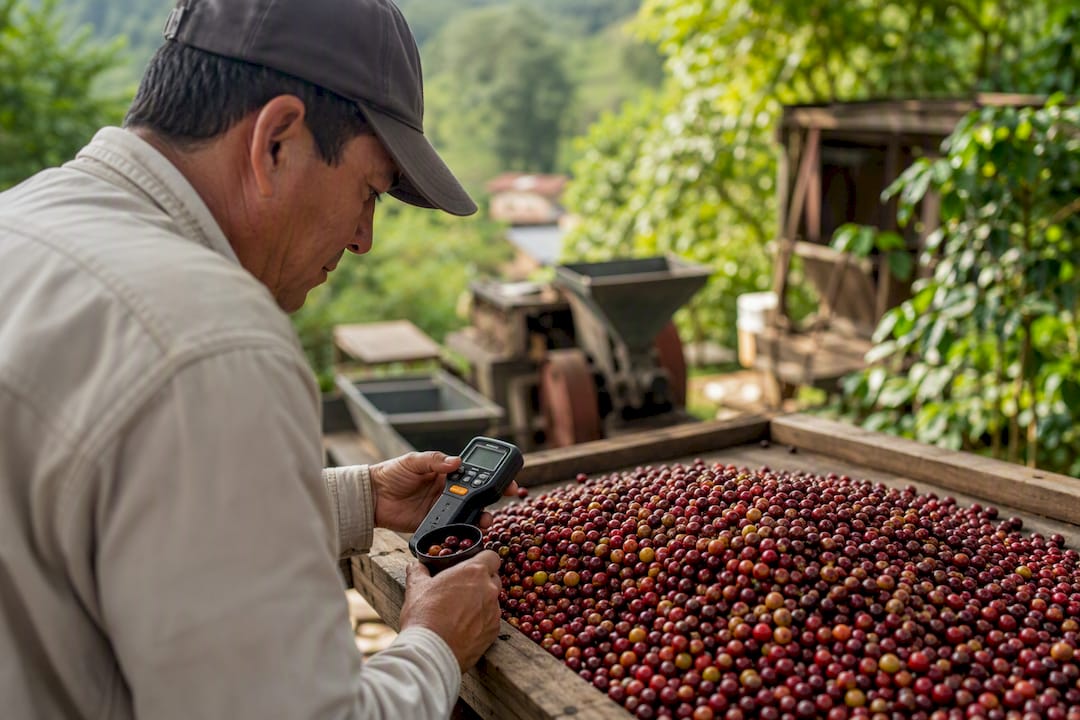 Farmer measuring coffee moisture content on farm
