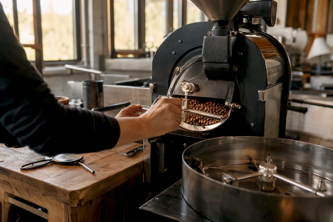 Hands adjusting roasting drum agitation