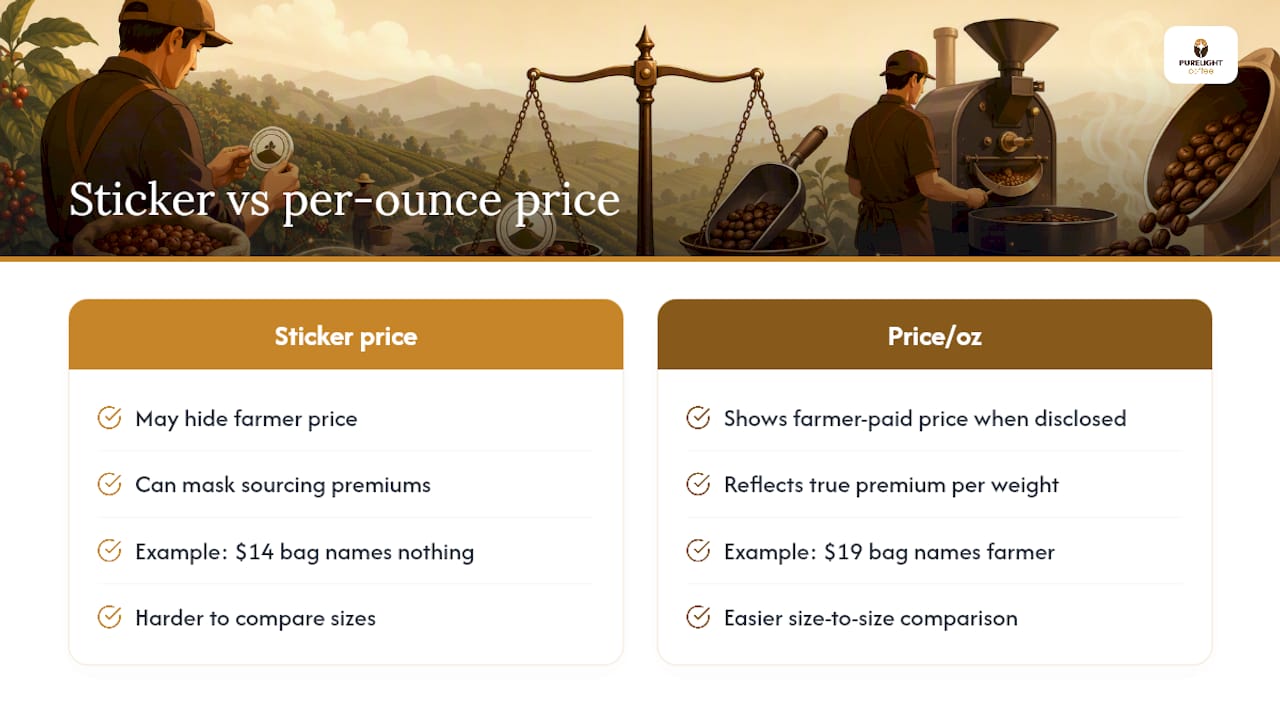 Diagram of ethical coffee cost factors and price comparisons