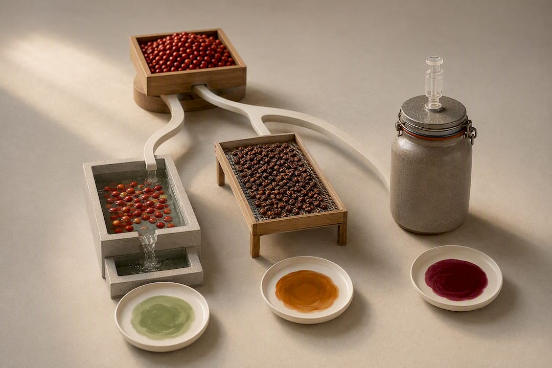 Three coffee processing paths from one lot
