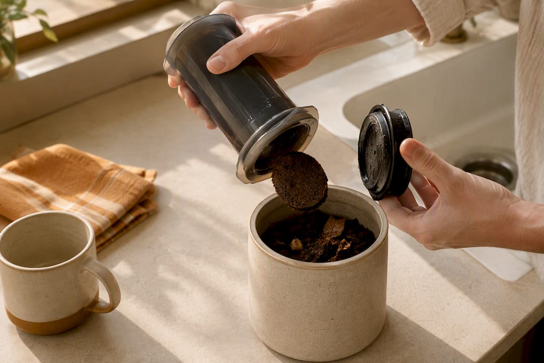 Hands cleaning a brewer beside kitchen sink