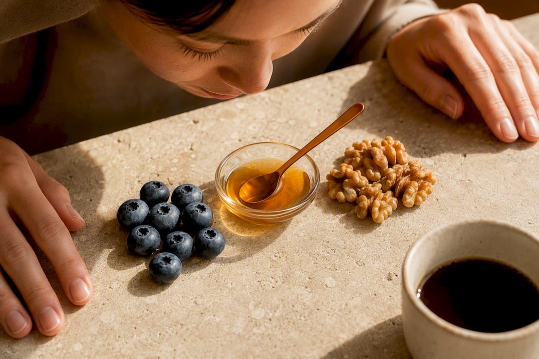 Blueberries honey and walnuts for coffee tasting