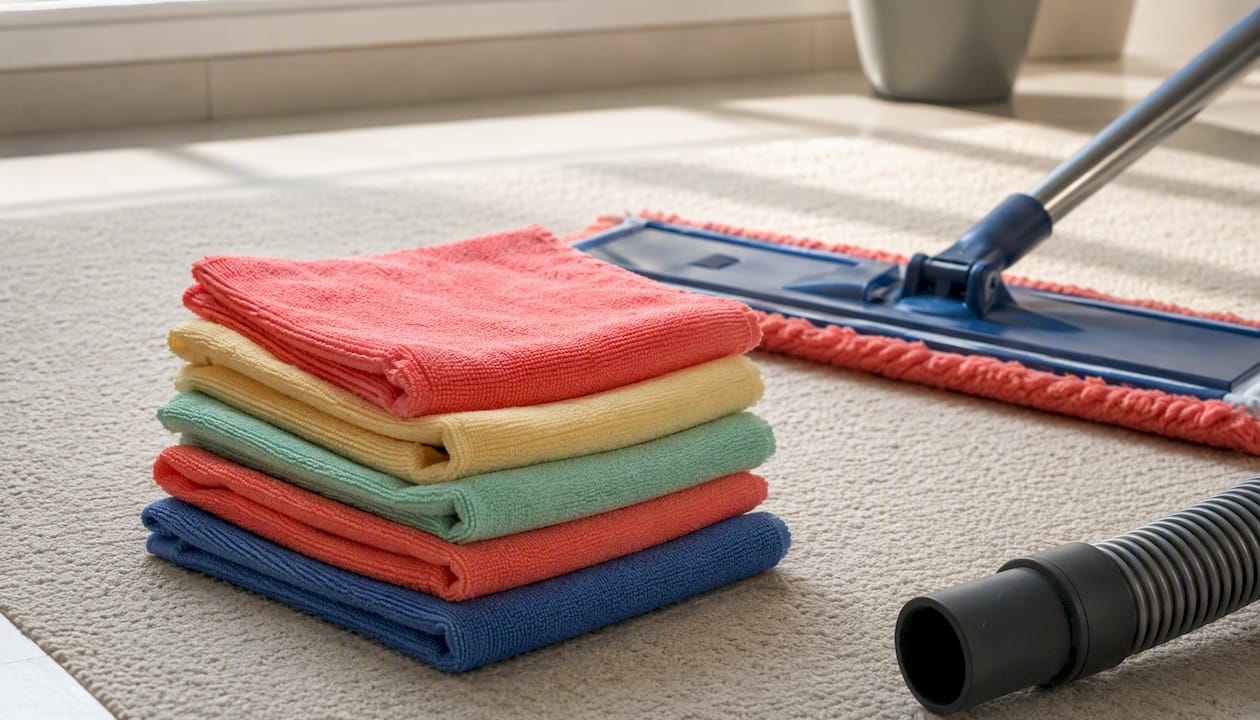 Essential cleaning tools on counter