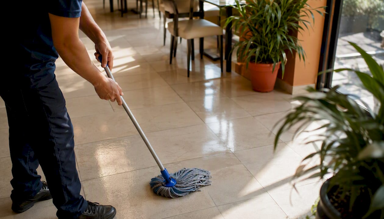 Janitor vacuuming office carpet under furniture