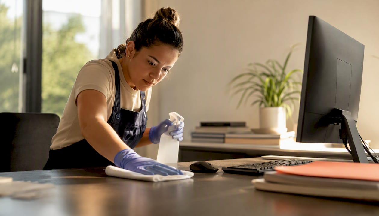 Hand spraying disinfectant on office surface