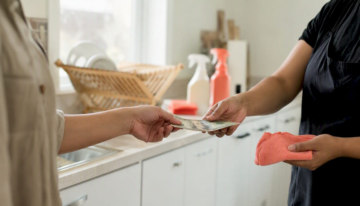 Hand giving tip to house cleaner