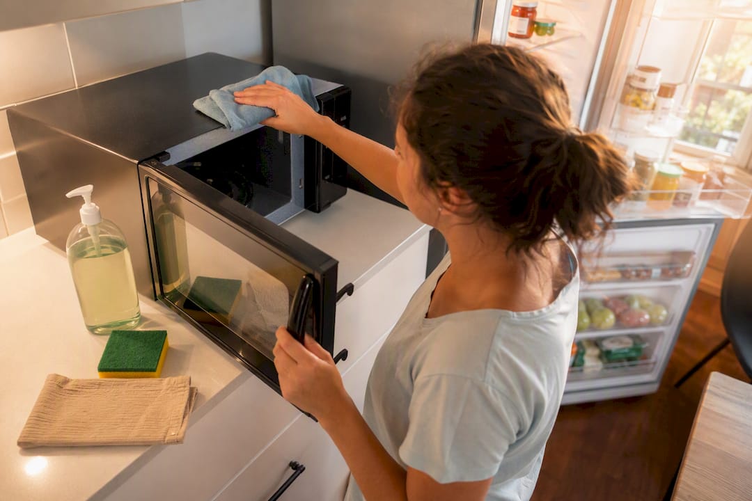 Hands cleaning microwave and kitchen counters