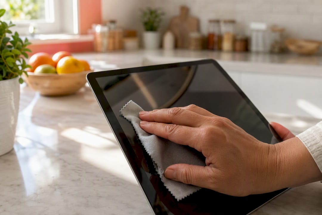 Hand wiping smartphone screen with cloth