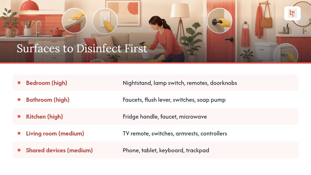Diagram showing priority surfaces to disinfect room by room