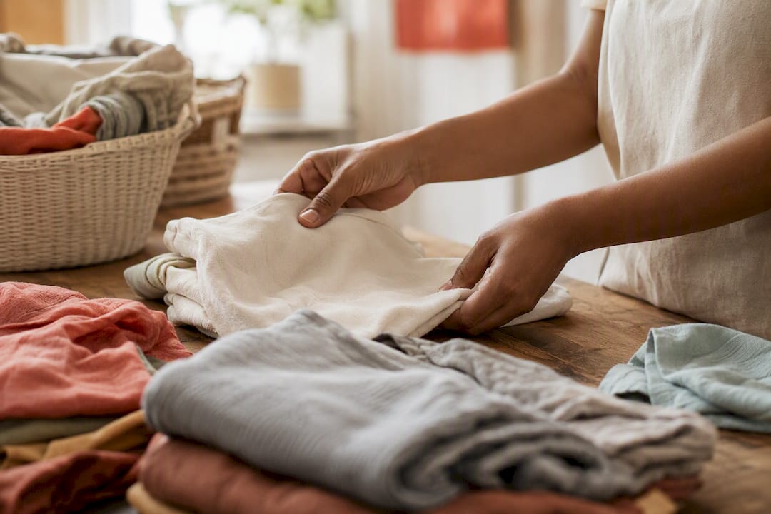 Hands folding sorted laundry on table