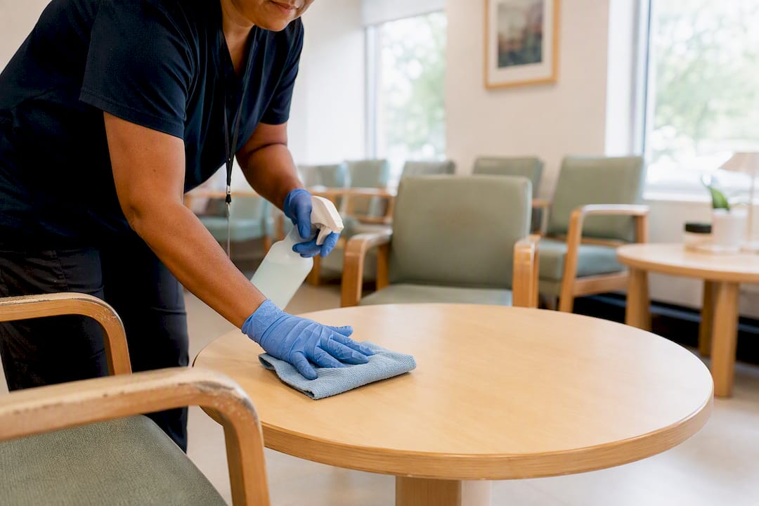 Hands cleaning waiting room chairs and table