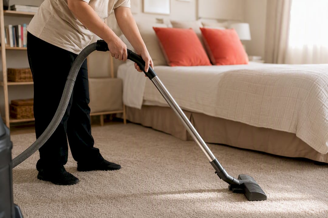 Professional cleaner scrubbing bedroom surfaces