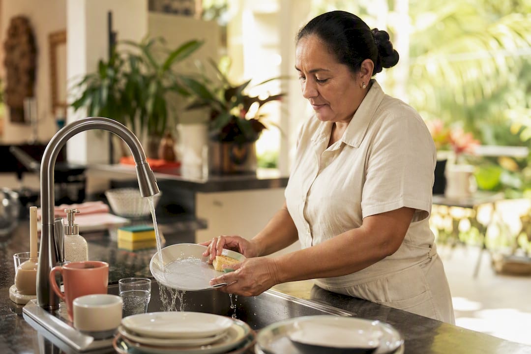 Housekeeper washing dishes at sink