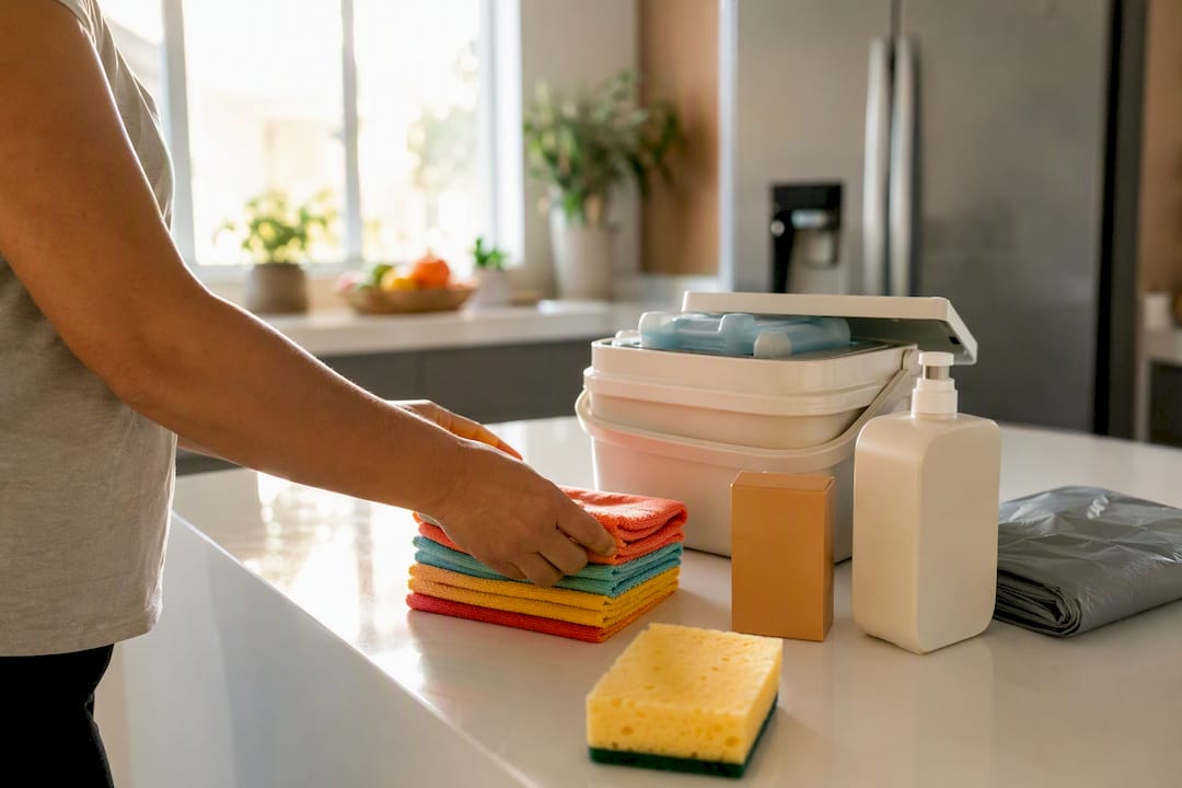 Hands arranging fridge cleaning supplies on counter