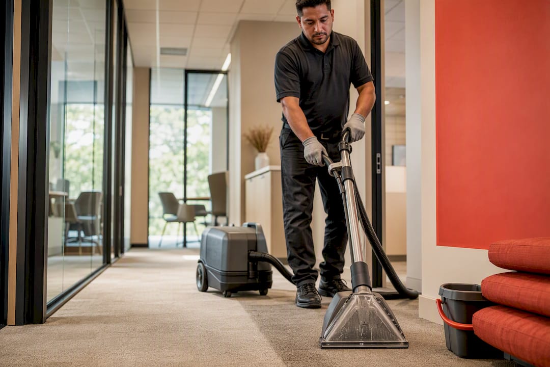 Technician extracting carpet in an office corridor