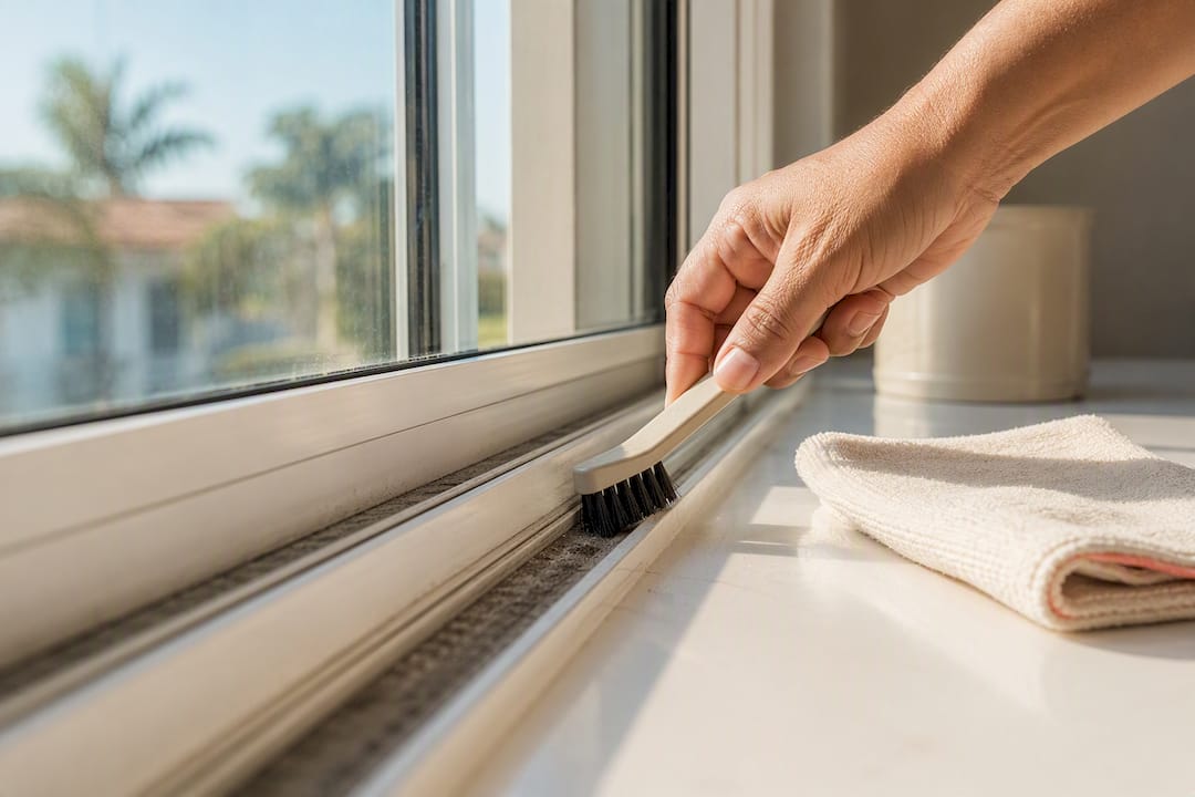 Hand cleaning dust from window track