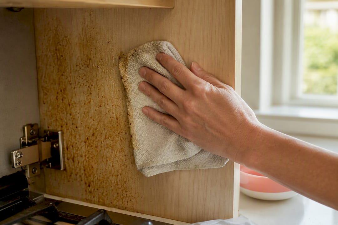 Wiping grease from a stove-side cabinet