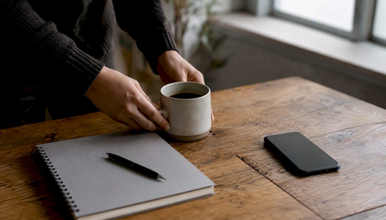 Hands setting coffee cup near phone for kickoff