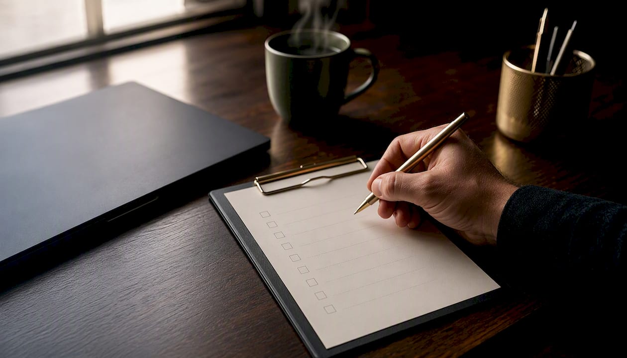 Hand holding pen over checklist on black clipboard