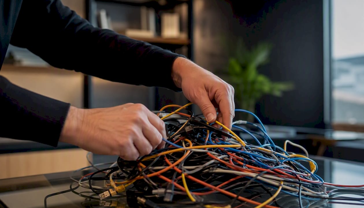 Hands untangling network cables