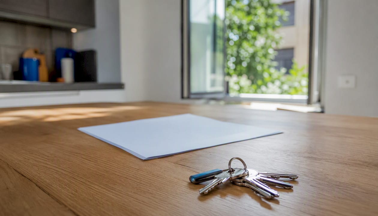 Unas llaves de casa junto a un contrato de alquiler sin rellenar sobre la mesa.
