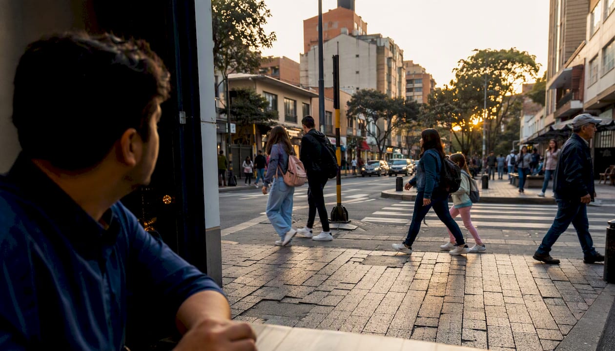 Flujo de personas caminando frente a un establecimiento comercial en Bogotá