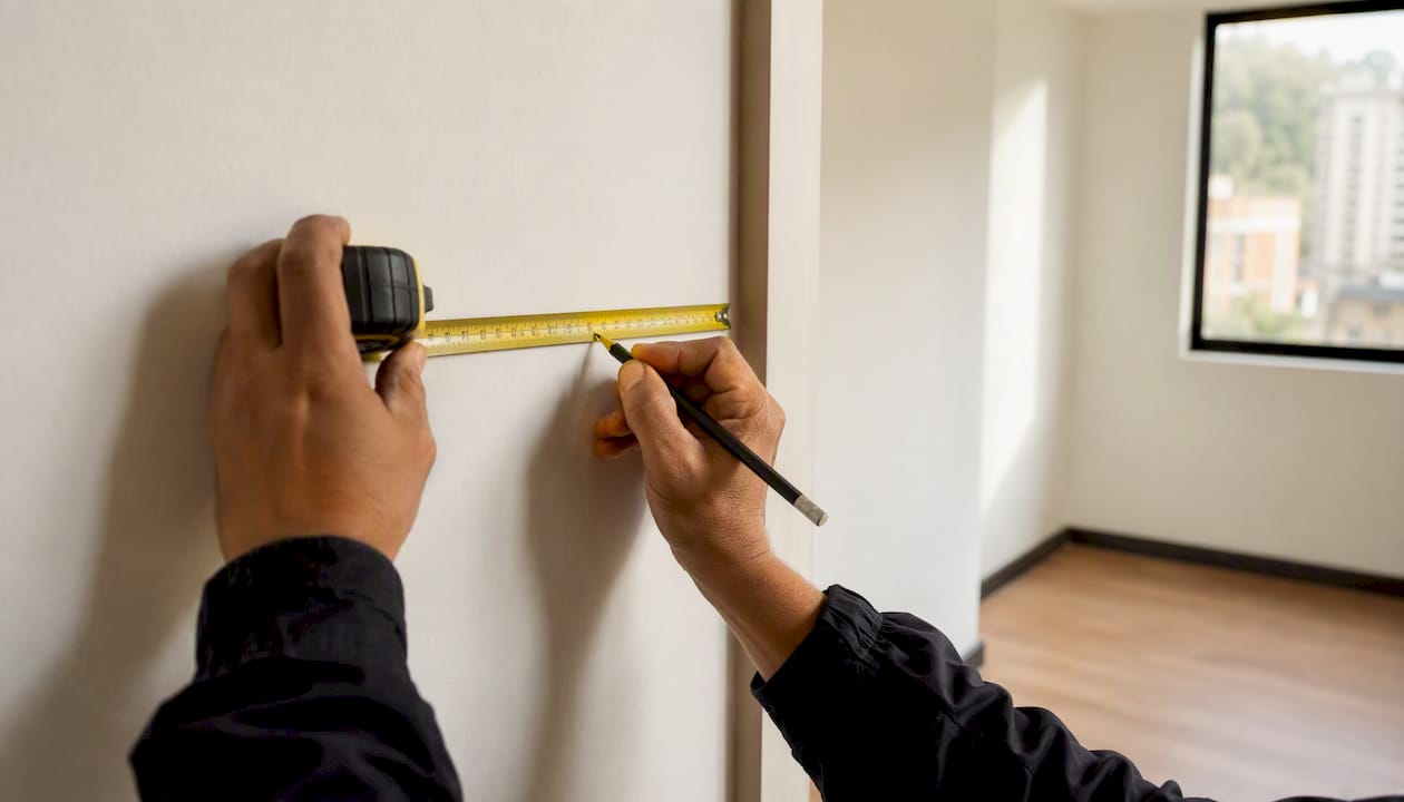 Persona tomando medidas en una pared interior de la vivienda