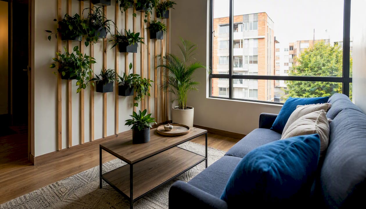 Salón moderno y luminoso, ideal para destacar en anuncios inmobiliarios.