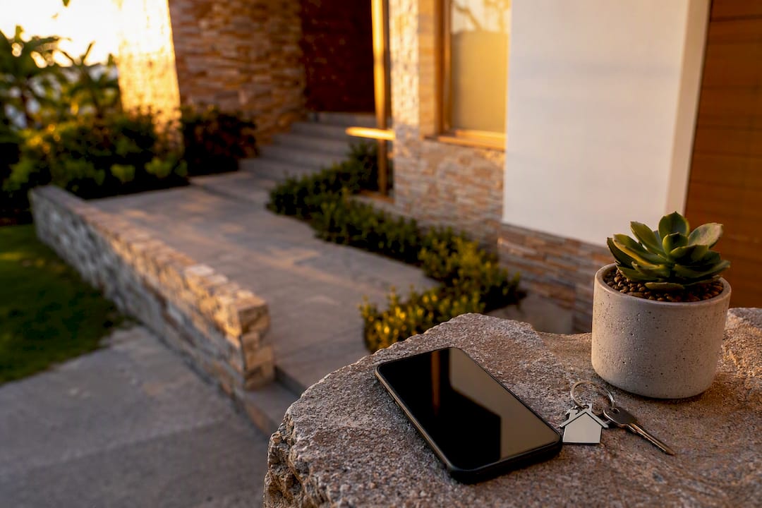 Entrada de una casa con llaves y un smartphone apagado