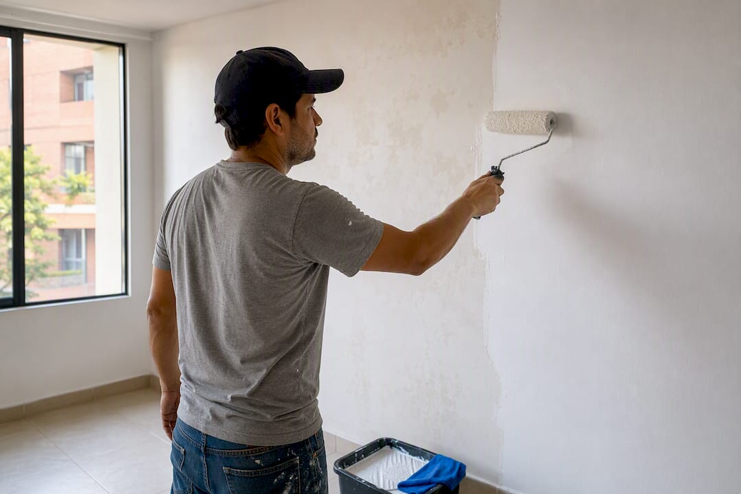 Persona arreglando la pintura de una pared interior