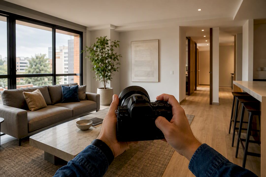 Cámara enfocando la sala para un anuncio inmobiliario
