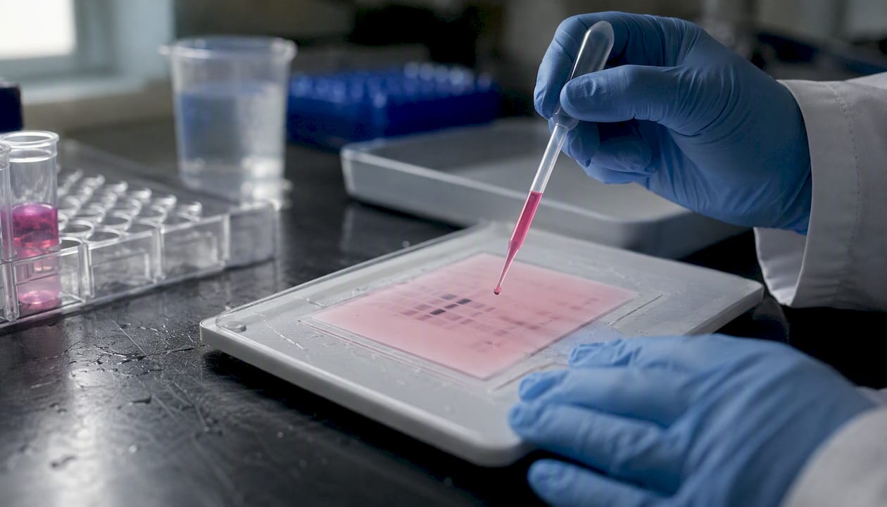 Hands applying Ponceau stain to blot membrane