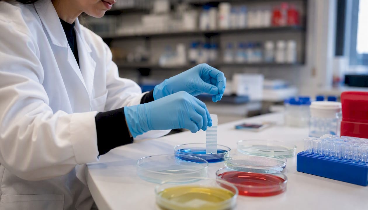 Hands testing membrane blockers in lab