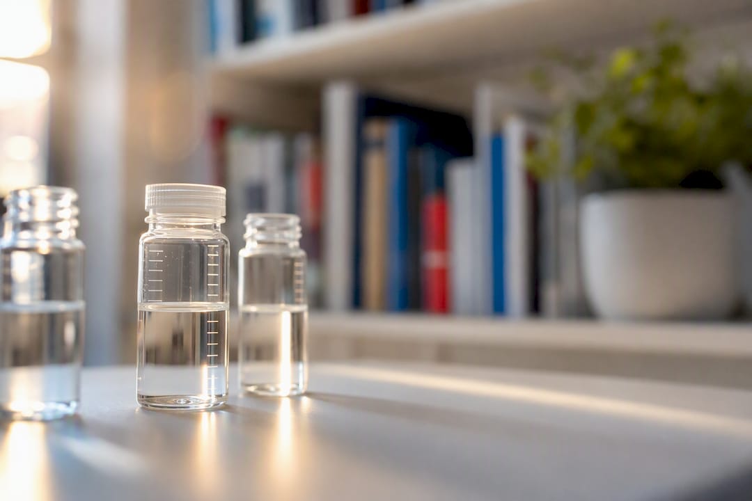 Close-up of verified reagent vials on laboratory bench
