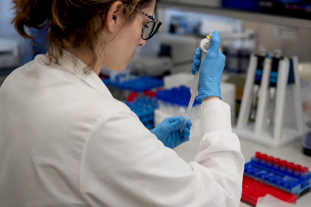 Scientist adding Fc block reagent to sample