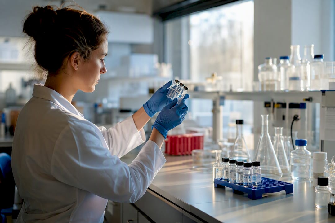Hands selecting antibody vials in laboratory