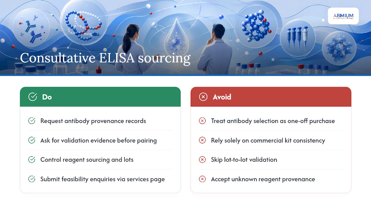 Some providers combine Custom ELISA Development with scientist-led sourcing services, so antibody pair selection, protocol design and validation sit alongside broader reagent guidance rather than as an isolated transaction. Such a consultative layer can give researchers traceability on antibody provenance and validation evidence before committing to a pairing decision. Controlling reagent sourcing and lot-to-lot validation this way supports the continuity that longitudinal studies depend on, since commercial kits can change formulations without notice. Relevant enquiries for feasibility review can be made through the custom services page. — overview diagram