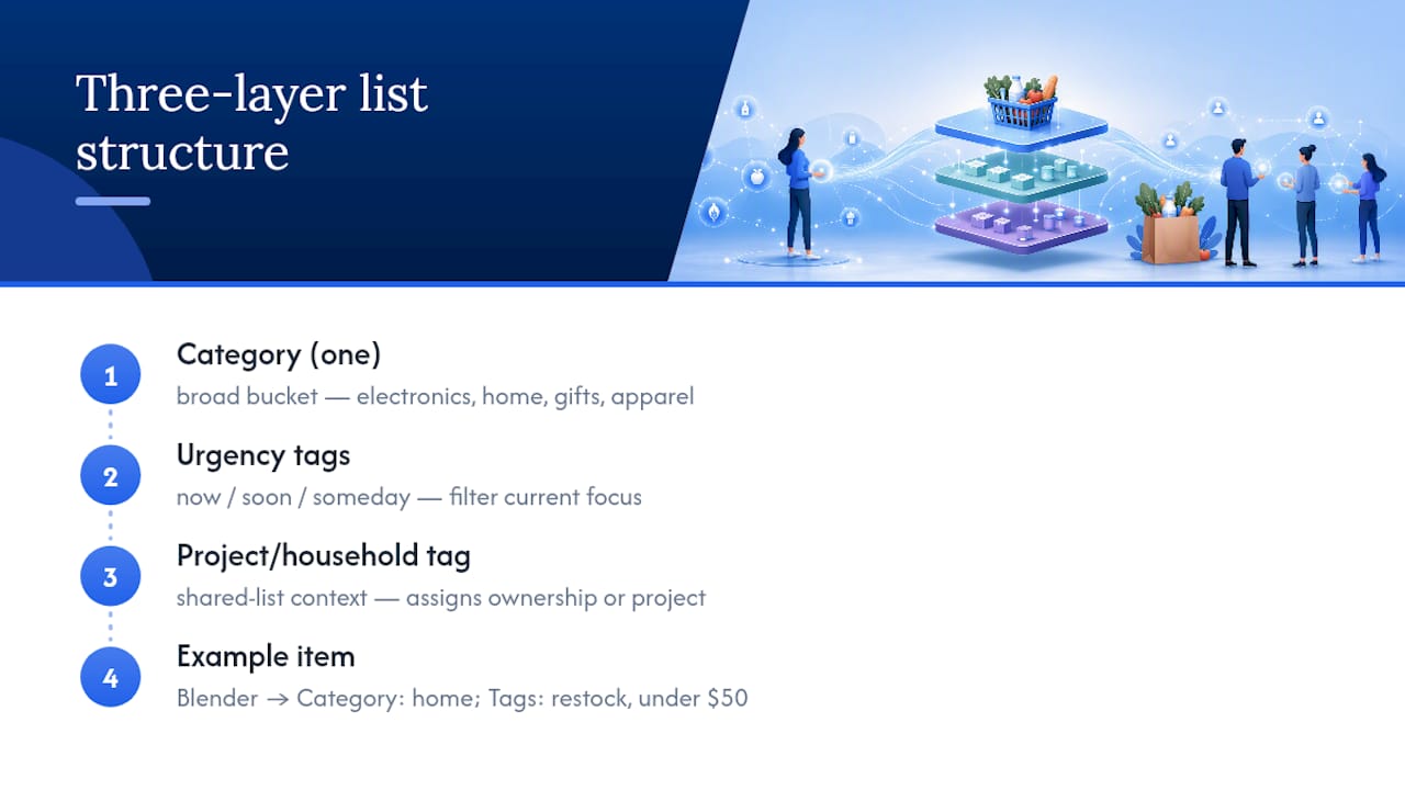 Shopping list categories and tags system