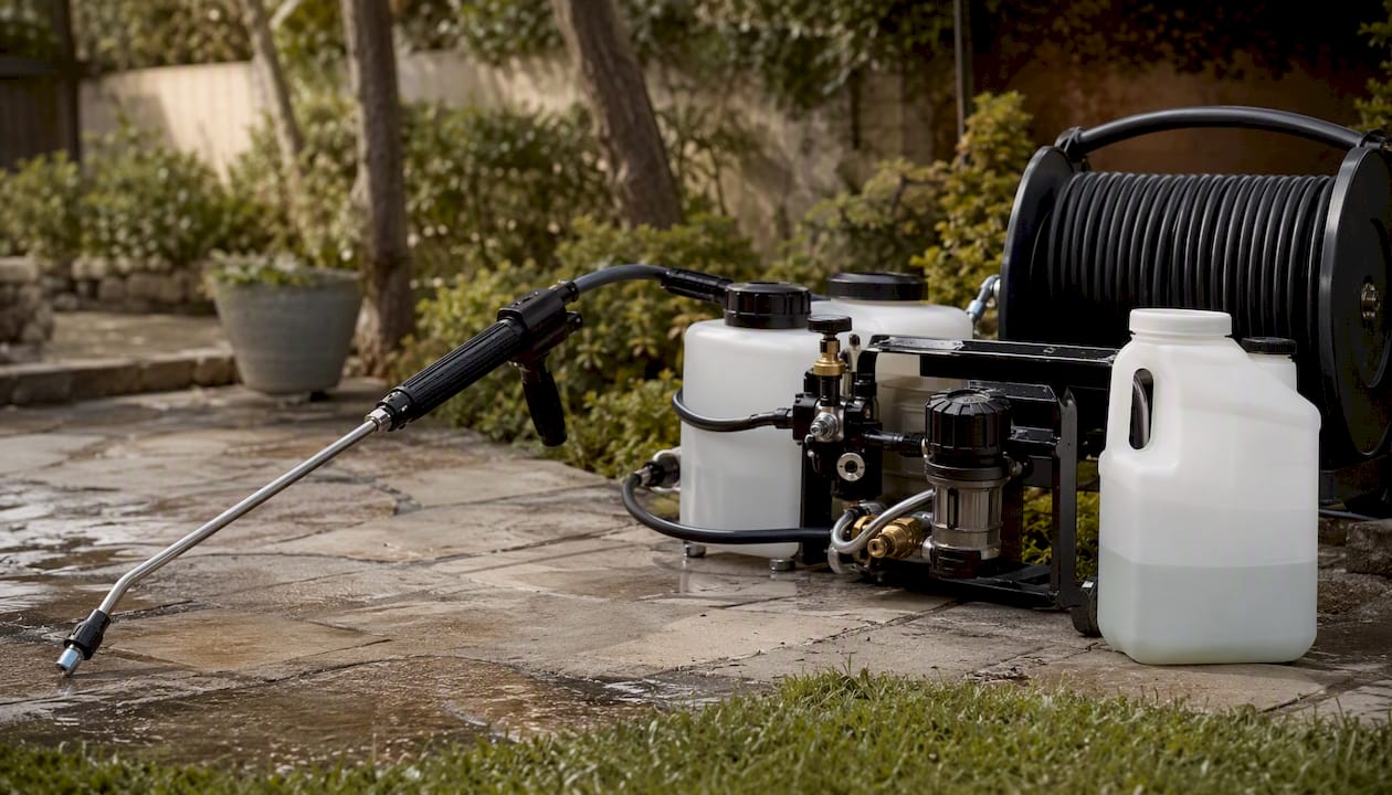 Professional soft-wash sprayer equipment detail