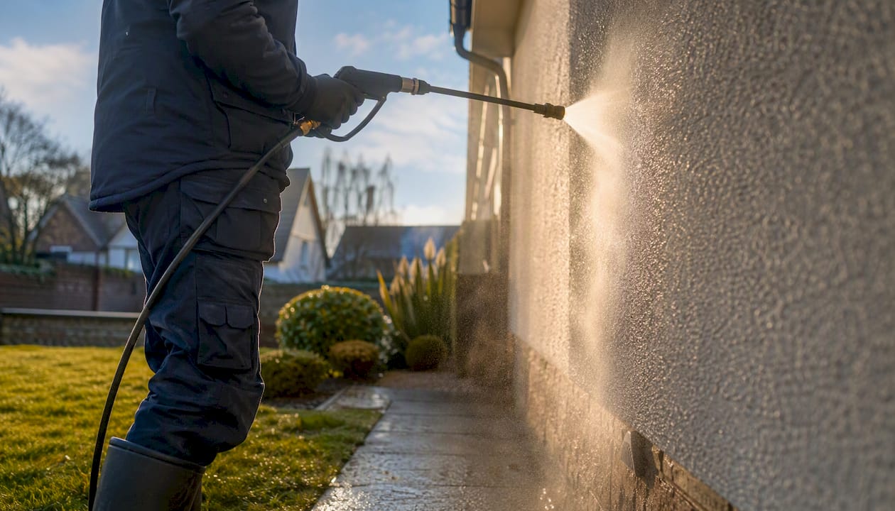 Applying soft-wash biocide to K-Rend render wall