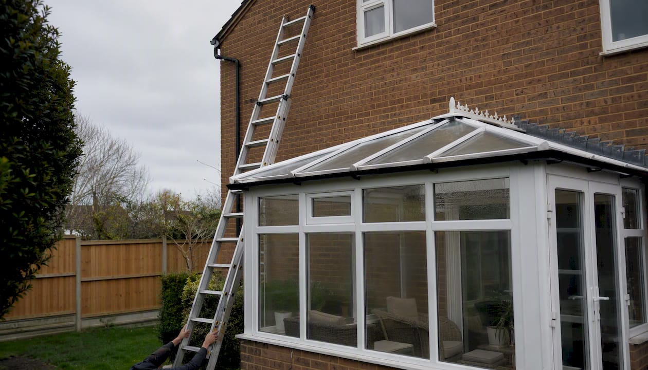 Person footing ladder safely by conservatory